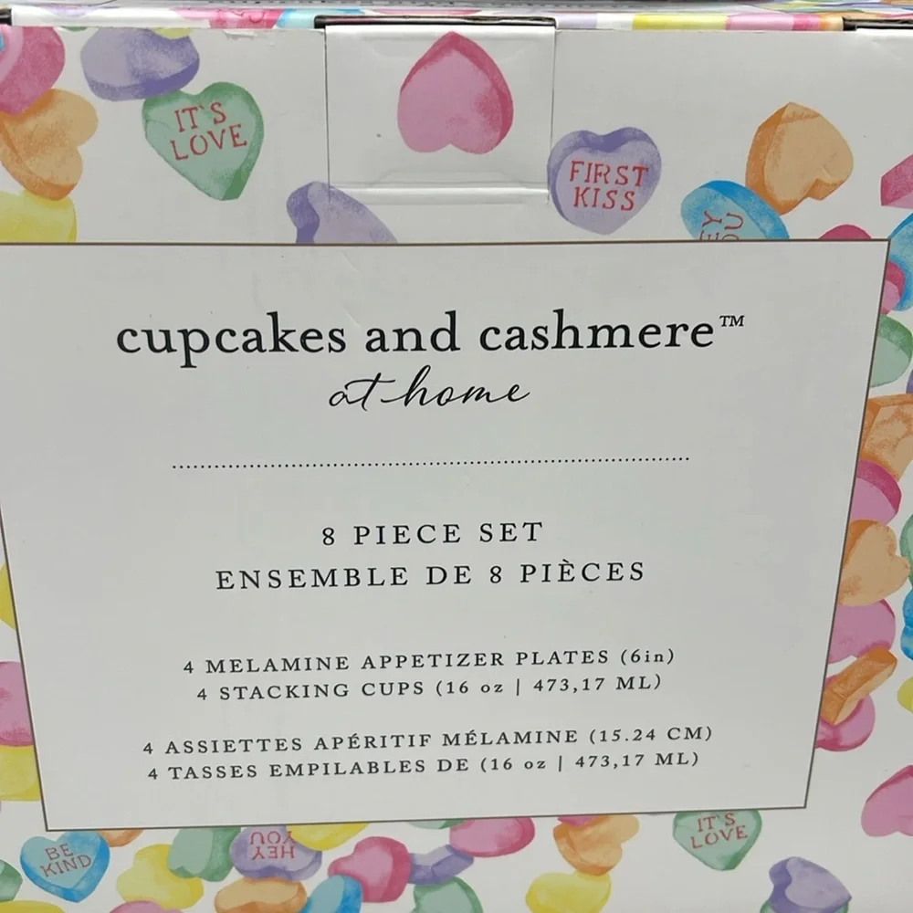 cupcakes & cashmere White and Pink Hearts 8 Piece Melamine Plates & Cups Set